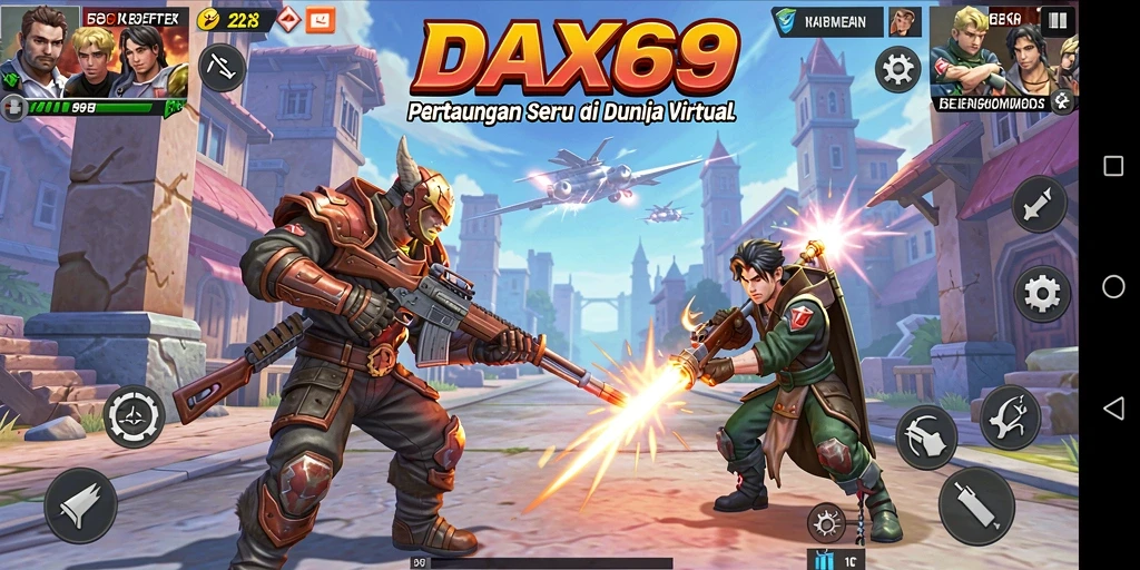 Screenshot utama DAX69 menampilkan aksi pertarungan epik karakter.