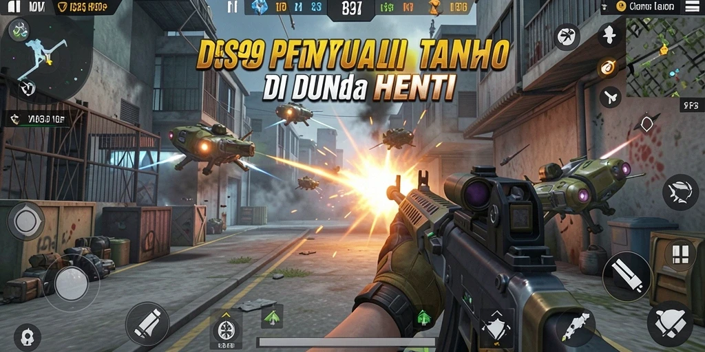 Screenshot DS99 menunjukkan pertempuran intens dalam mode FPS.